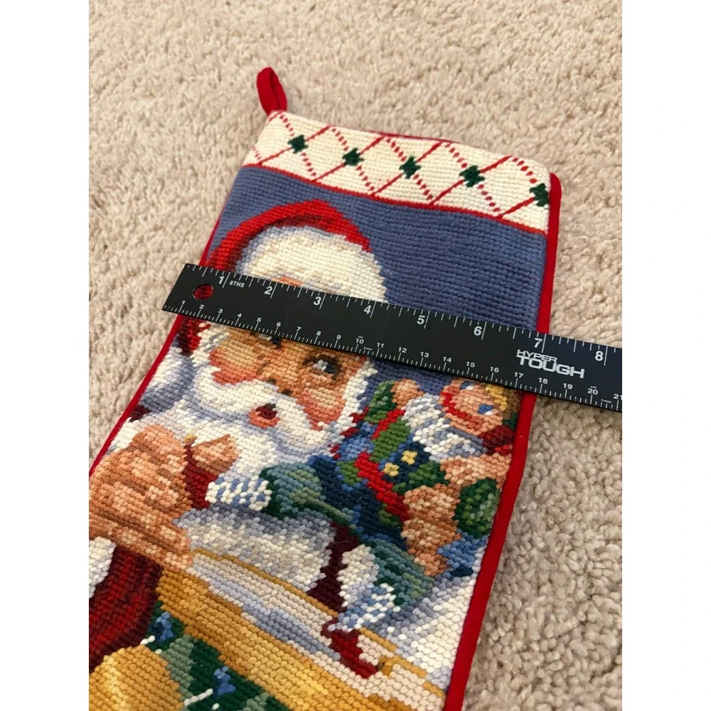 Vintage Santa Claus Christmas Stocking Needlepoint Gift Bag Soft‎ Red Backing